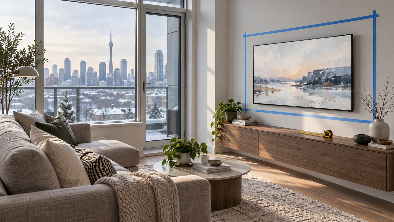 A representative Toronto condo living room with a generic gallery-style television and removable tape marking wall proportions