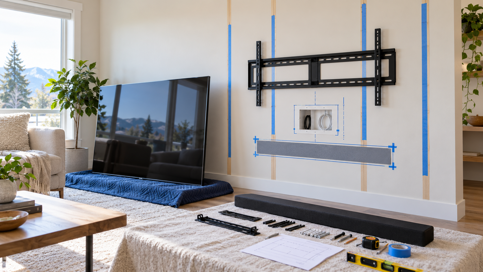 A representative Canadian living room prepared for a generic television wall installation with mounting hardware and measuring tools