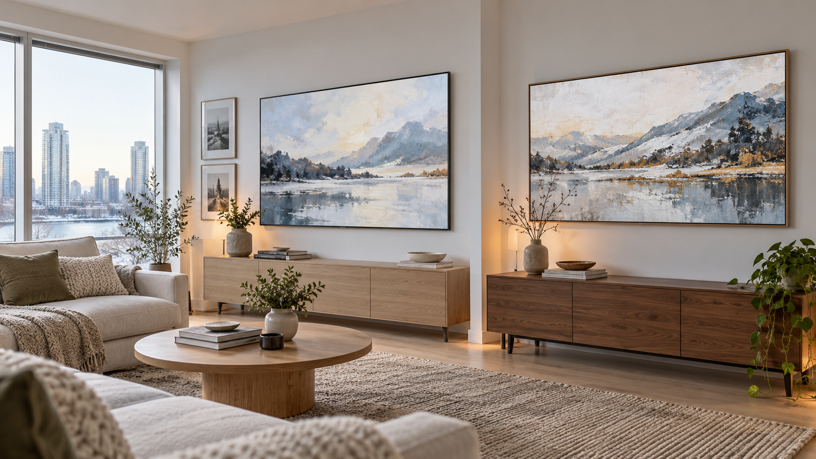 A representative Canadian condo with two generic gallery-style televisions displaying winter landscape art
