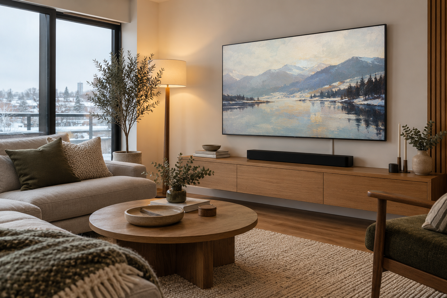 A representative Canadian living room scene with a generic gallery-style television displaying landscape art